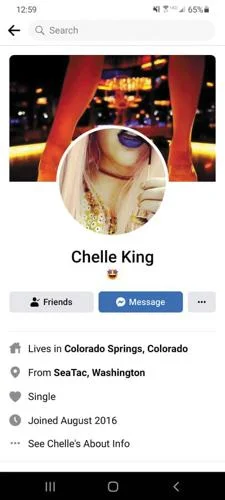 Facebook profile for Chelle King. Lives in Colorado Springs, Colorado. From SeaTac, Washington. Single. Joined August 2016.